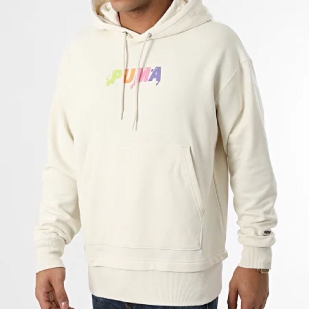 PUMA Men's Unisex Off-White Hoodie with Multicolor Logo size Medium